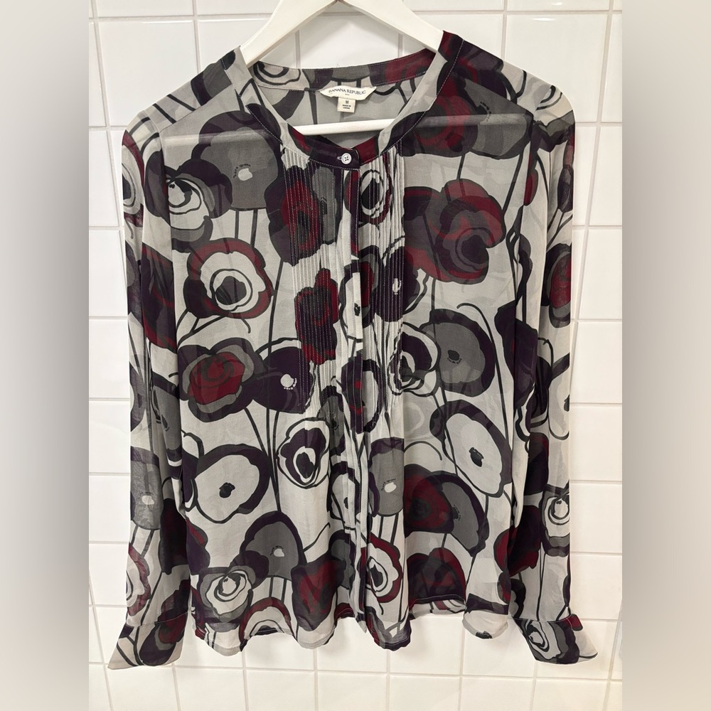 Banana Republic Sheer Floral Blouse - Black, Gray, Red